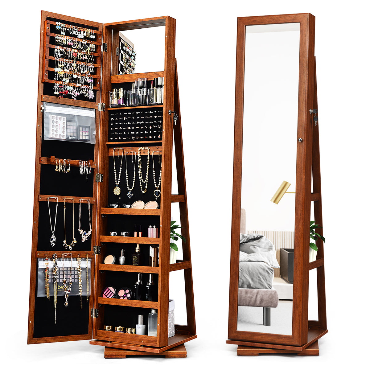 360° Rotating Jewelry Cabinet with Mirror - 3 Shelves, Brown