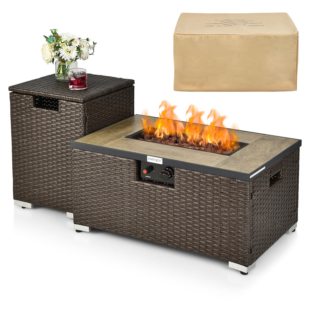 32 x 20 Propane Rattan Fire Pit Table with Side Table - Brown