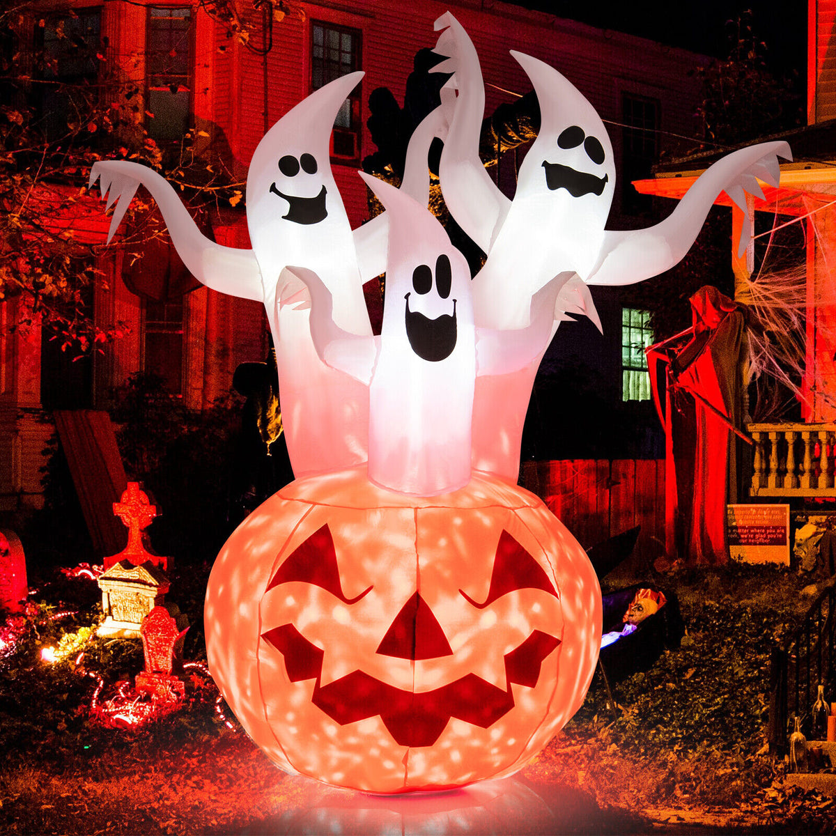 Inflatable Halloween Ghosts with Pumpkin Decor & Rotating Lamp - 6 Feet