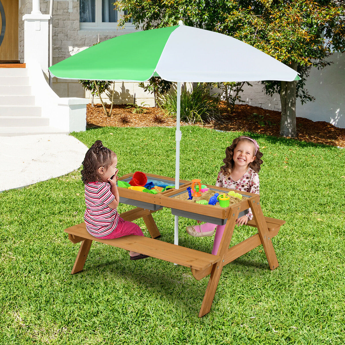 Kids 3-in-1 Outdoor Water and Sand Play Table with Removable Umbrella and Storage - Green
