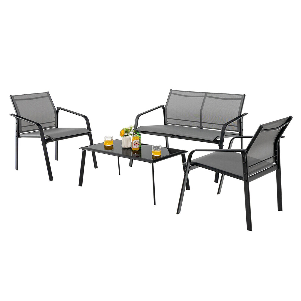 4-Piece Patio Furniture Set with Loveseat Sofas and Glass Table - Gray