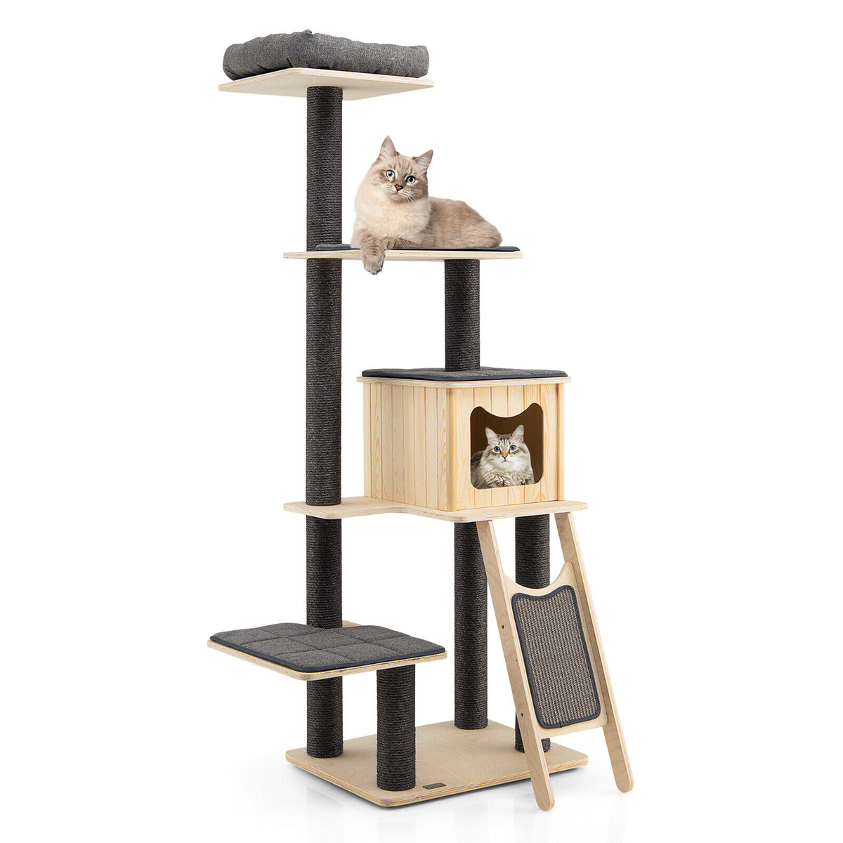5-Tier Modern Wooden Cat Tower with Washable Cushions - Gray, 5-Layer