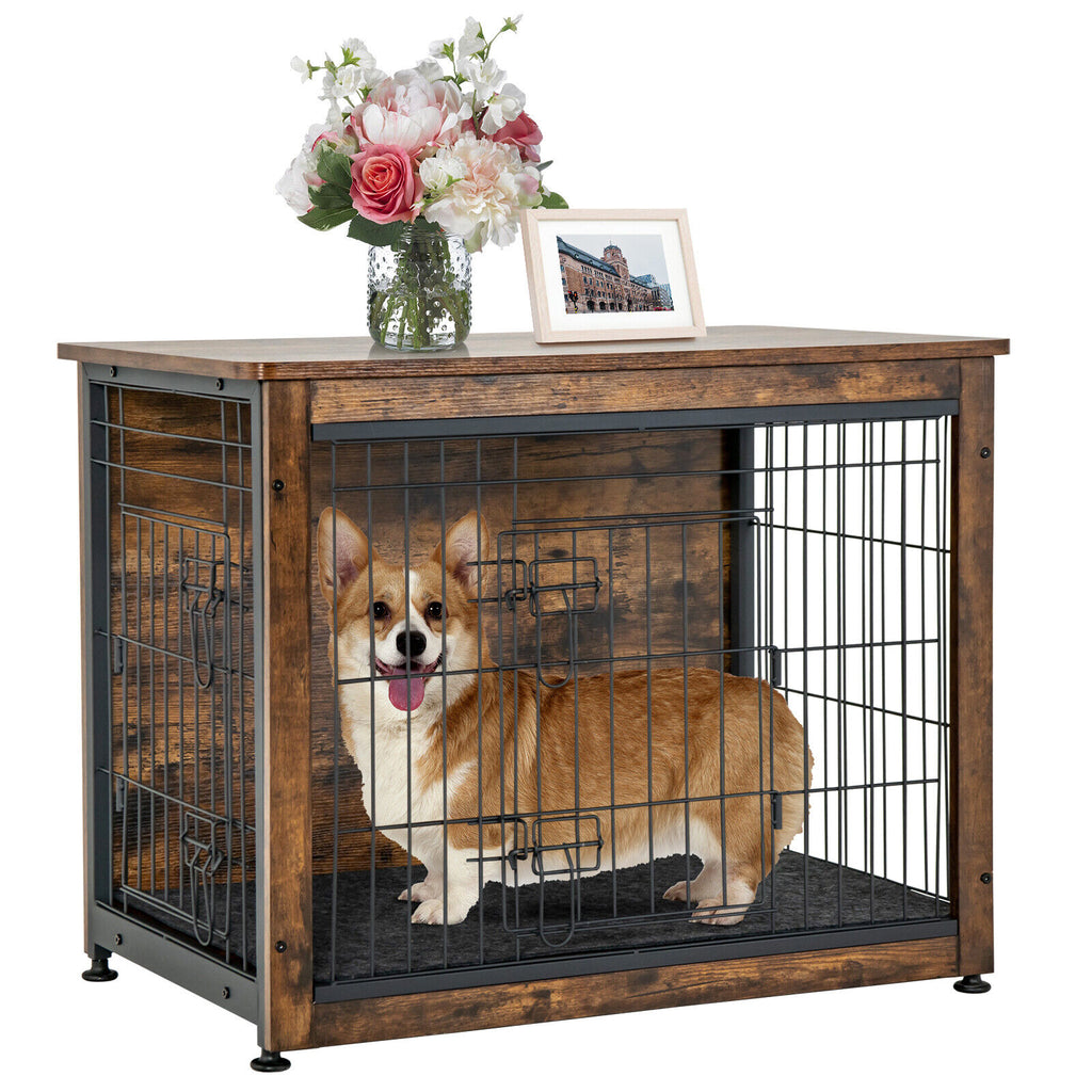 Wooden Dog Crate Furniture with Double Door & Tray - Brown