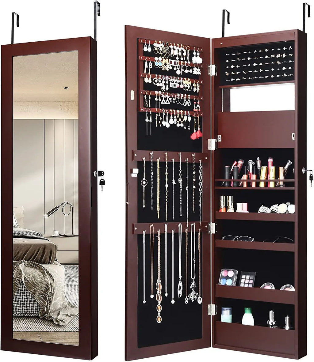 Lockable Wall-Mounted Jewelry Cabinet with LED Lights - Brown
