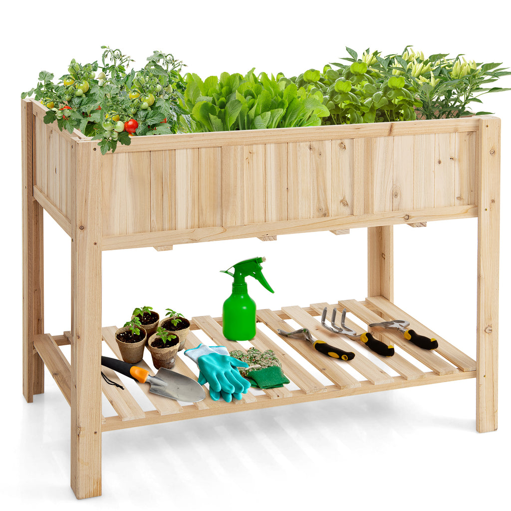 47 Inch Wooden Raised Garden Bed with Bottom Shelf and Liner
