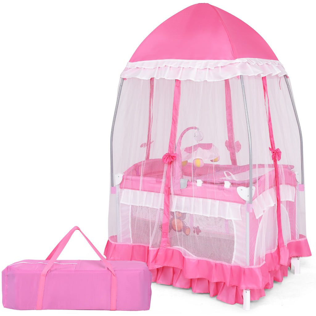 4-in-1 Portable Baby Playard with Carry Bag, Mosquito Net & Removable Bassinet - Pink