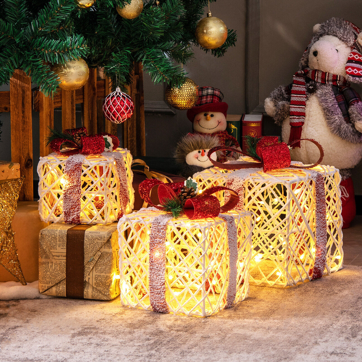 Set of 3 Lighted Christmas Gift Boxes Decorations with Red Bows - Indoor Outdoor Holiday Decor