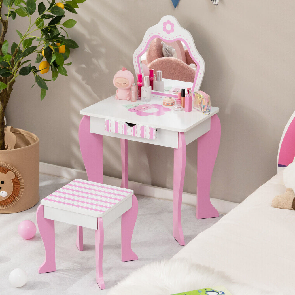 White 2-in-1 Toddler Vanity Set with Detachable Mirror and Flower Pattern