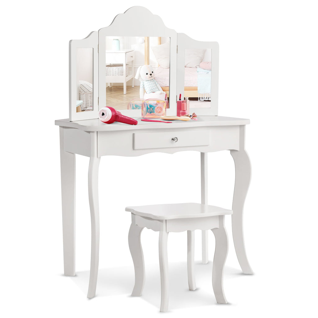 Kids Dressing Vanity Set with Detachable Mirror and Stool - White, No Lights