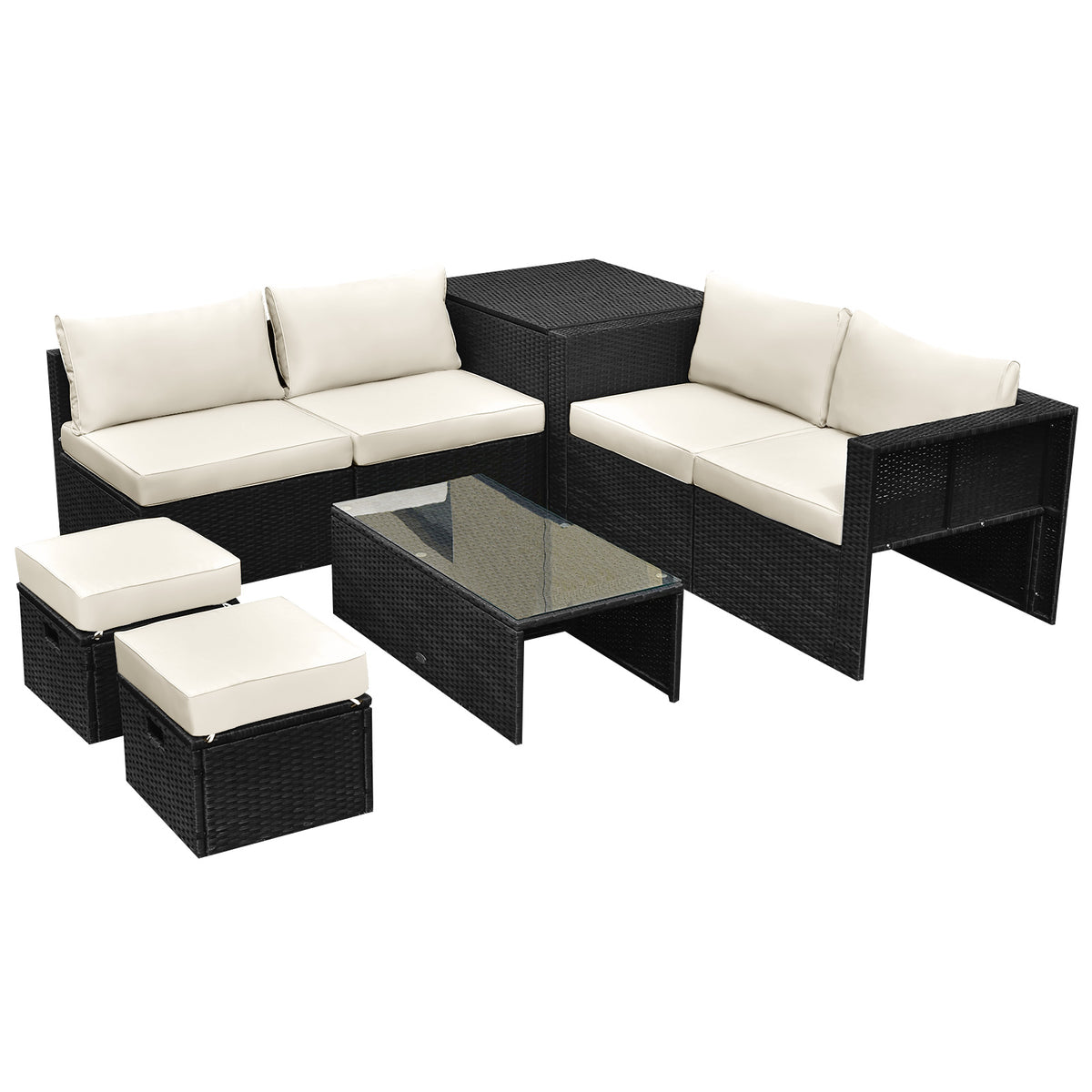 8-Piece Patio Furniture Set with Storage Box & Cover – Black Rattan, Off White