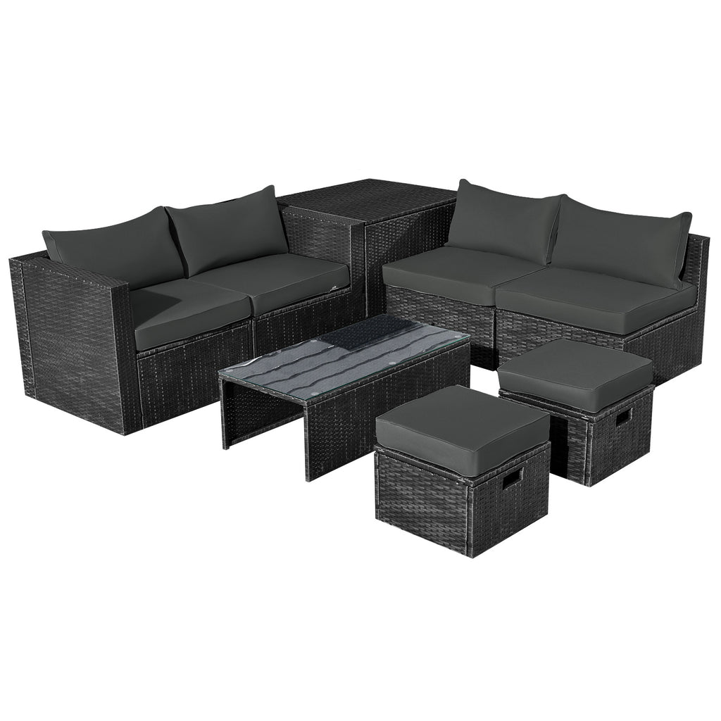 8-Piece Patio Furniture Set with Storage Box & Cover - Black Rattan, Gray
