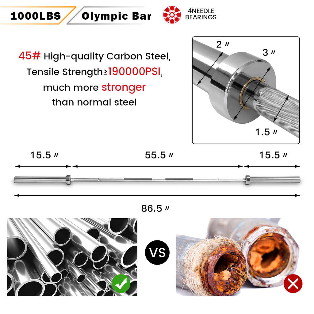 1000 lbs Weight Lifting Barbell - Durable Steel, Chrome Finish, 86" Long - Variation of THIS Listing
