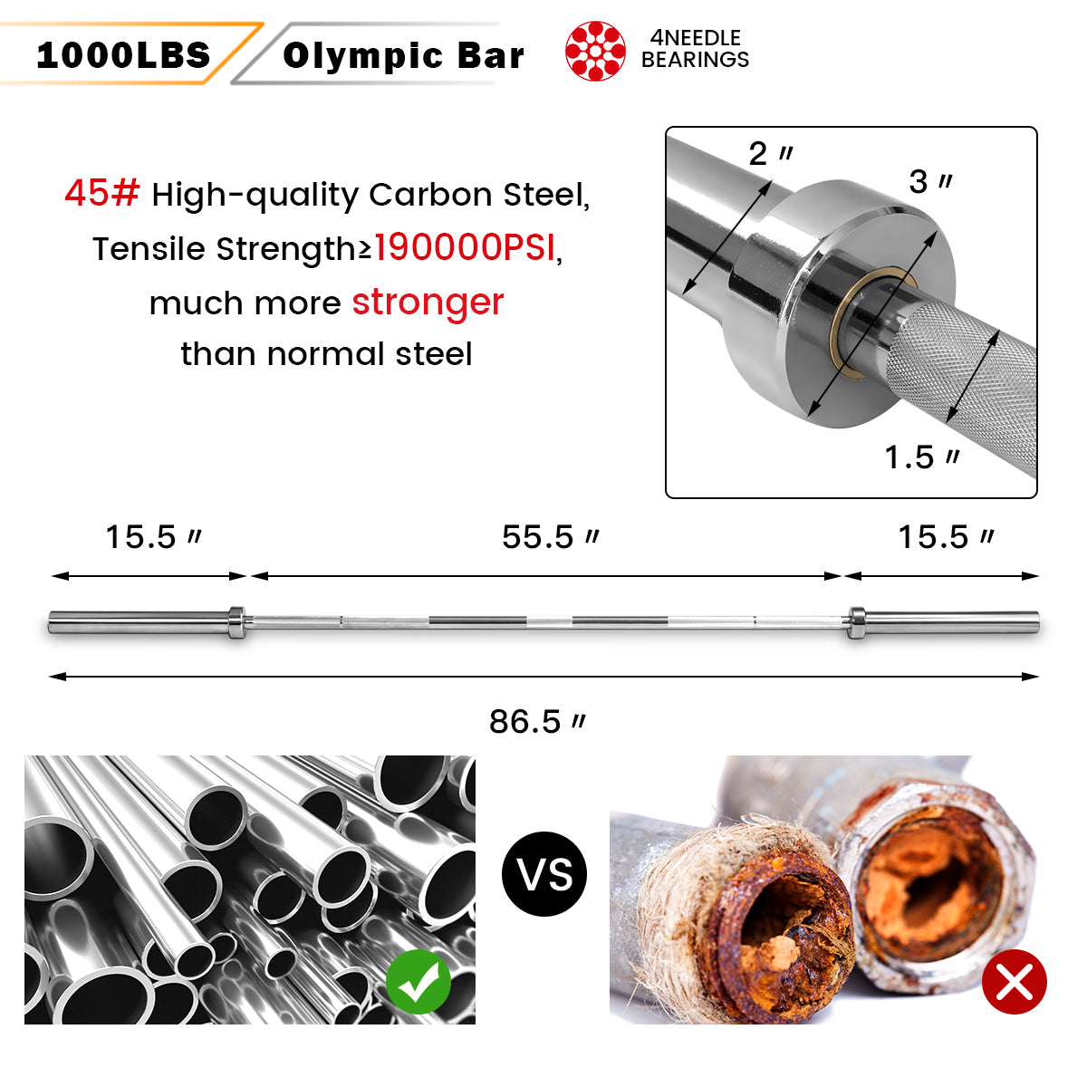 1000 lbs Weight Lifting Barbell - Durable Steel, Chrome Finish, 86" Long - Variation of THIS Listing