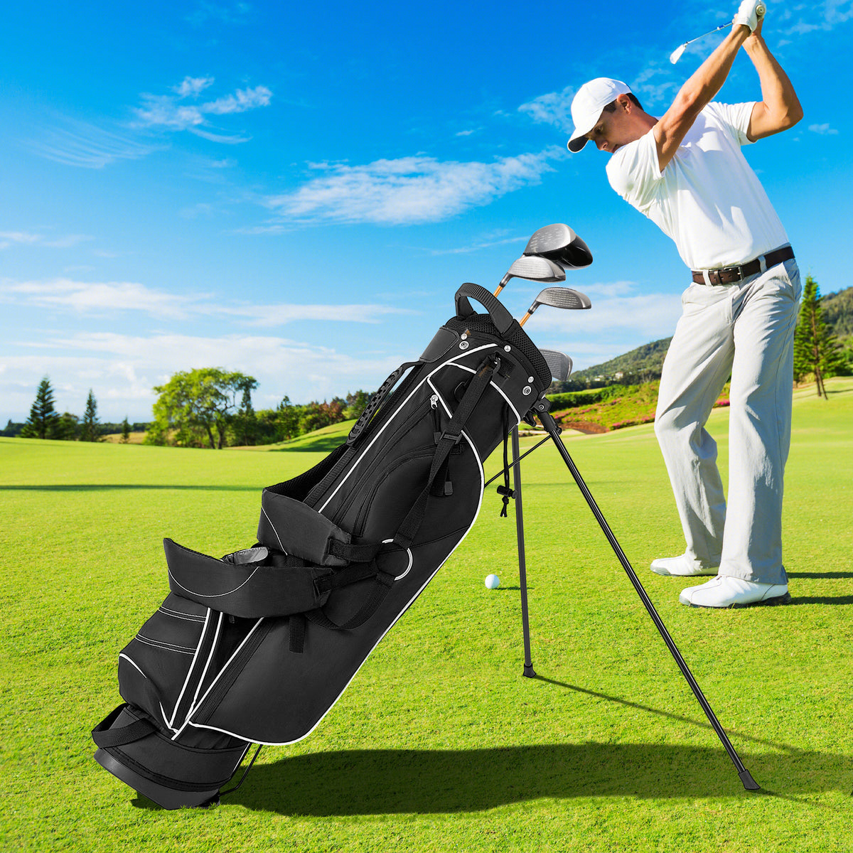 Golf Stand Cart Bag with 4-Way Divider and Organizer Pockets - Black