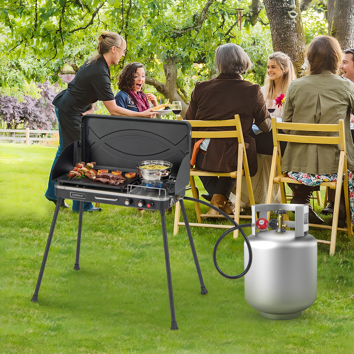 2-in-1 Camping Gas Grill and Stove with Detachable Legs - Black