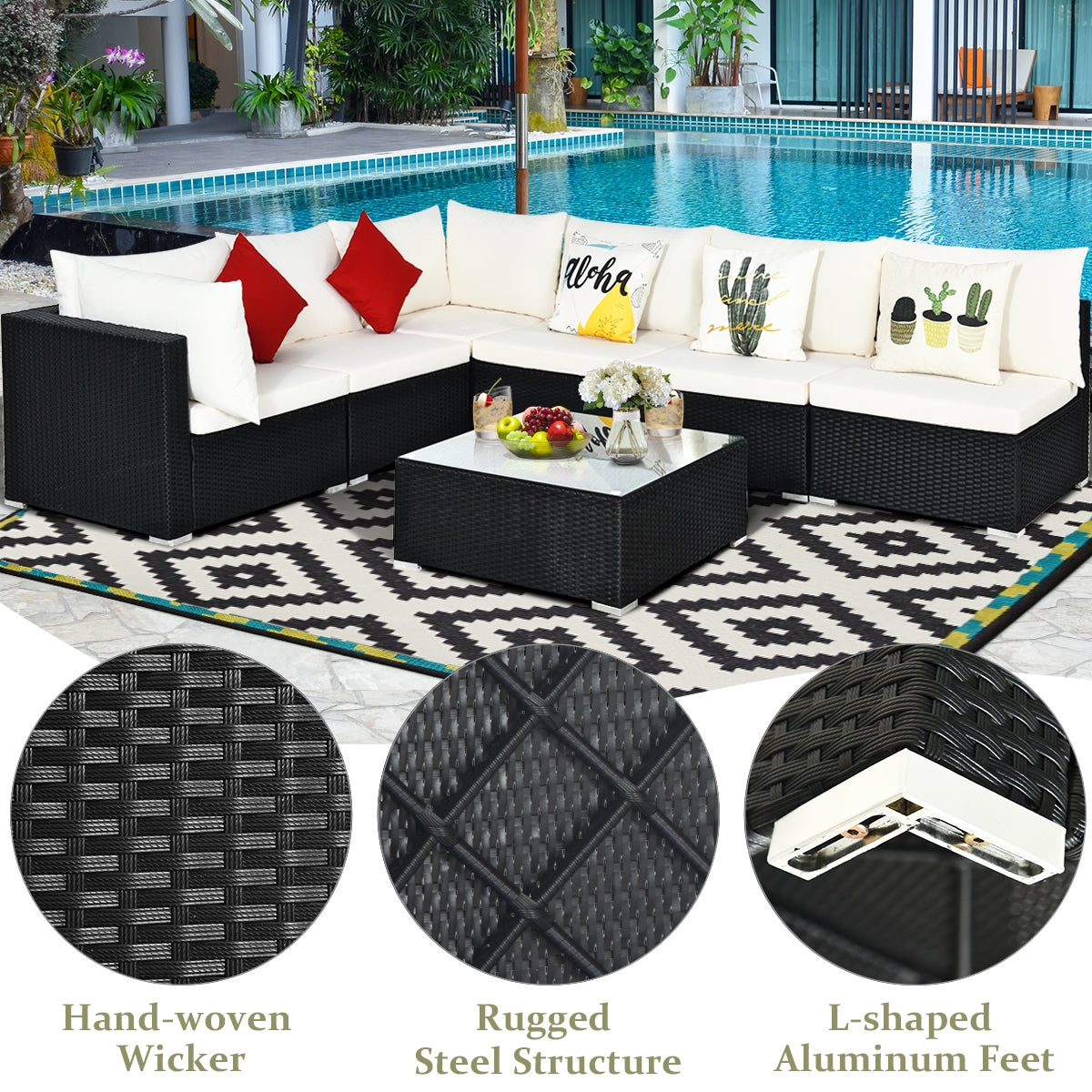 7-Piece Sectional Wicker Sofa Set with Coffee Table – Black Rattan, Beige