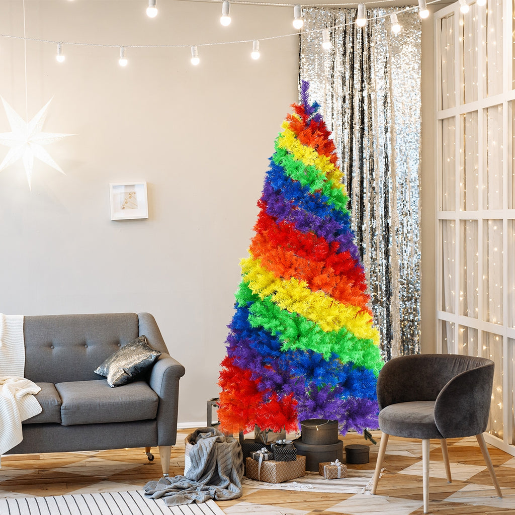 7 Feet Artificial Christmas Tree with Rainbow Tips and Metal Stand