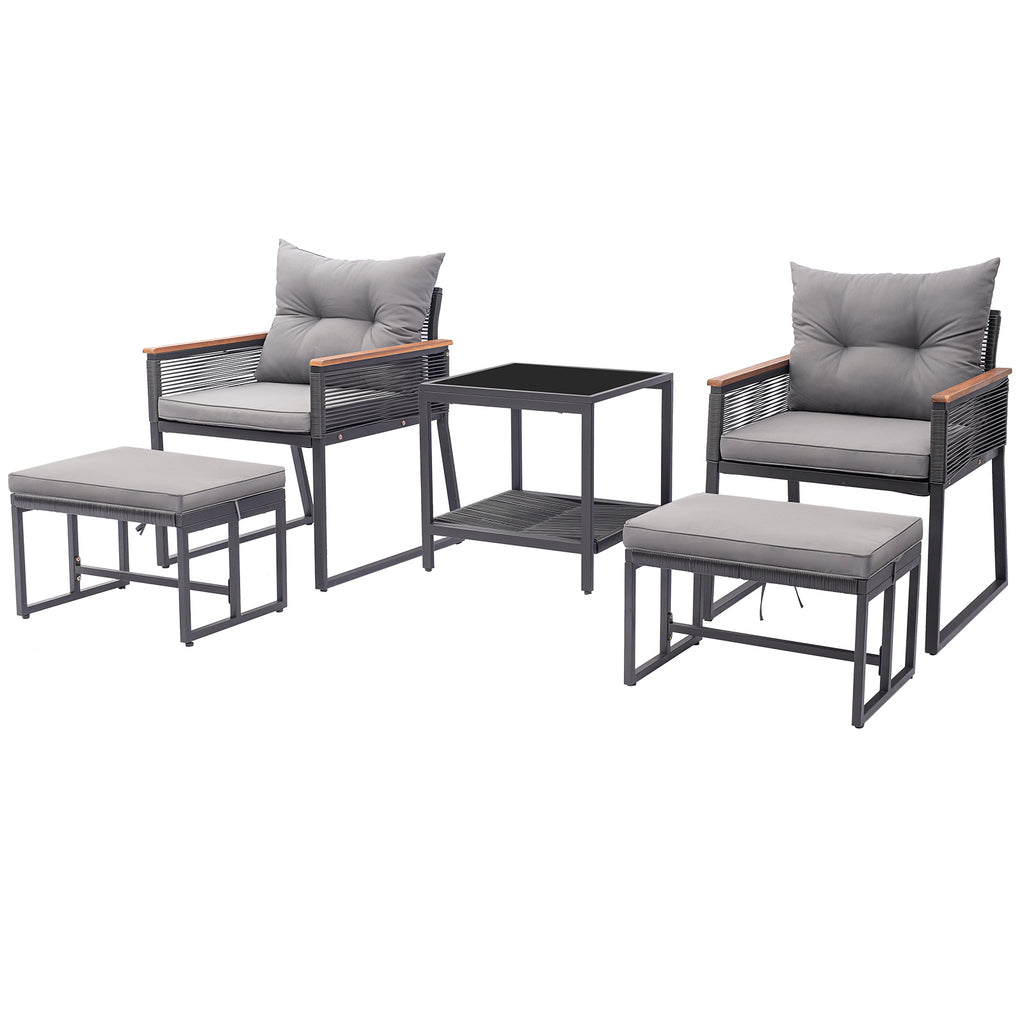 5 Piece Outdoor Rattan Conversation Set with 2-Layer Side Table and 2