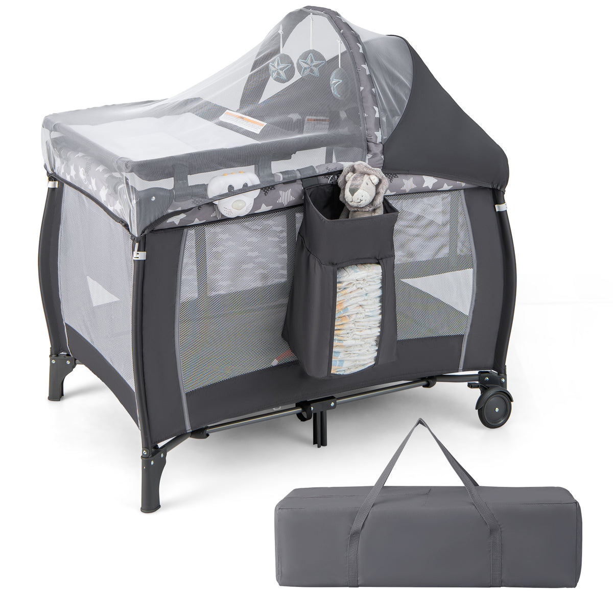 Baby Portable Nursery Center 4-in-1 Travel Crib with Canopy - Gray