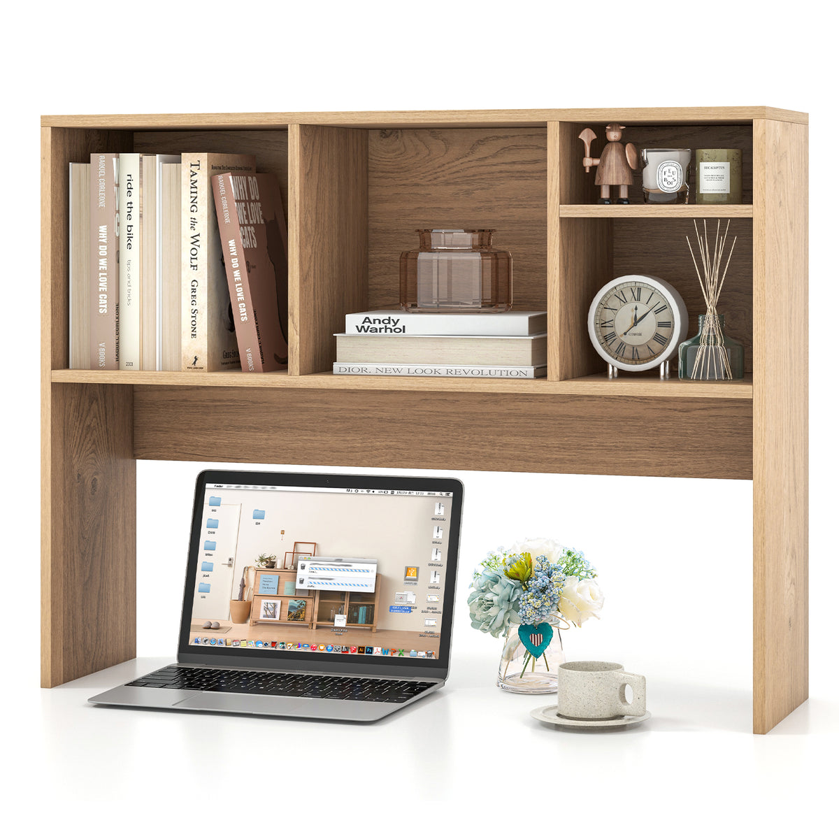 Computer Desktop Bookcase with 4 Cubbies, Natural