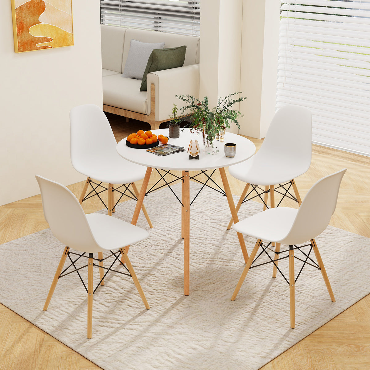 Modern Round Dining Table White - Beech Wood Legs