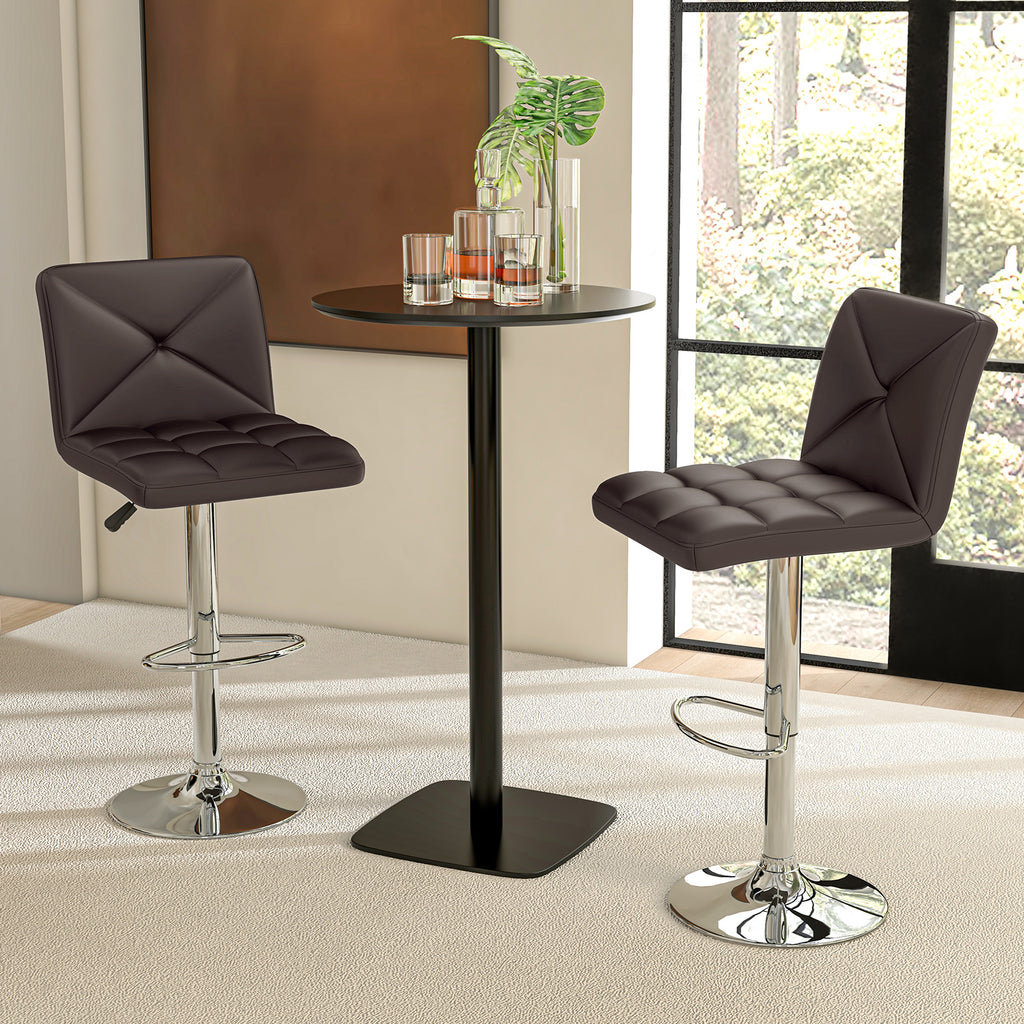 PU Leather Bar Stools Set of 2 with Back, Adjustable Height - Diamond Pattern, Brown