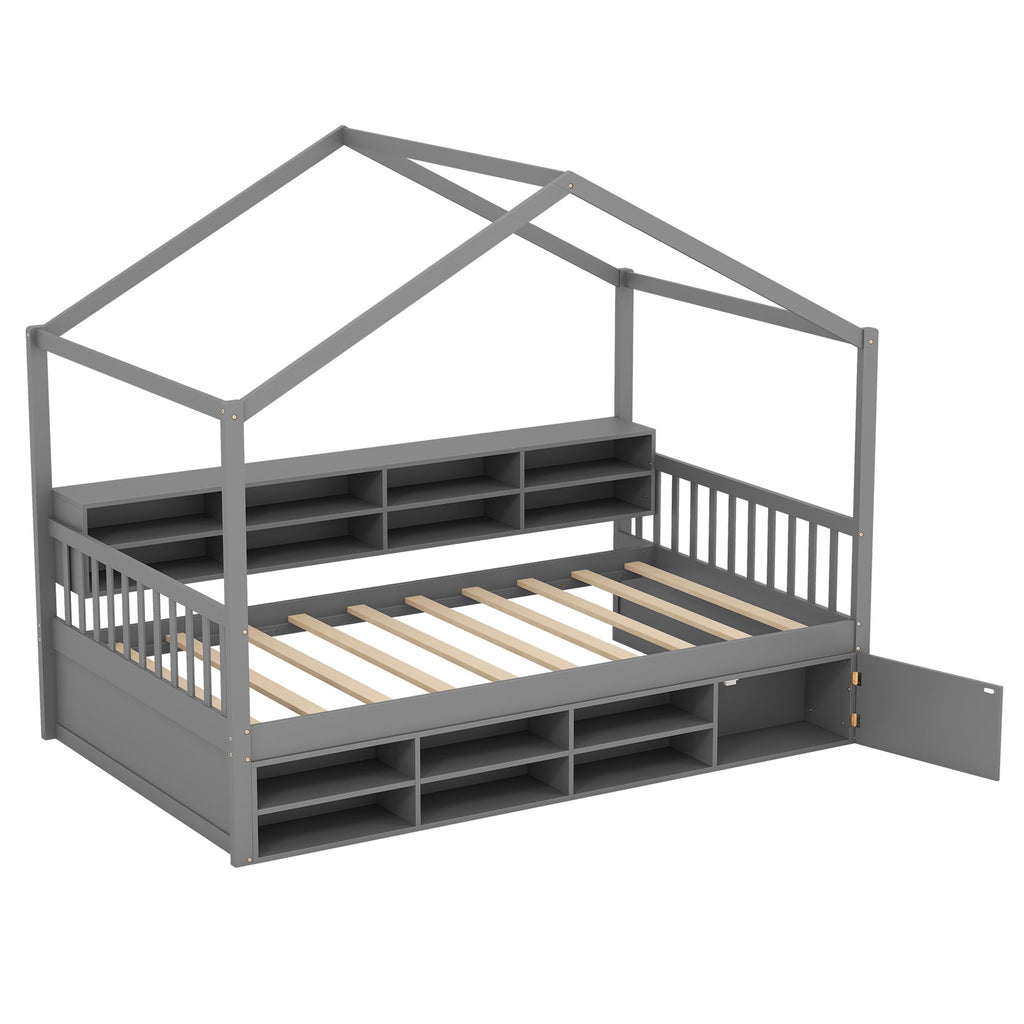 Twin Size House Bed with Trundle, 14 Storage Cubes & Cabinet, Gray