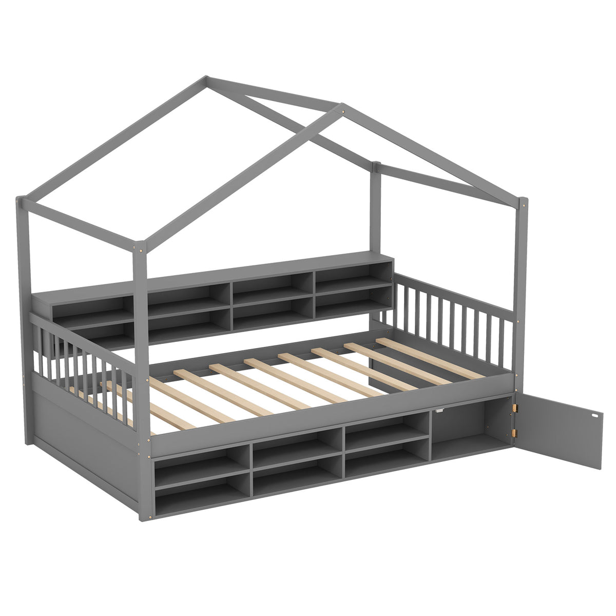 Twin Size House Bed with Trundle, 14 Storage Cubes & Cabinet, Gray