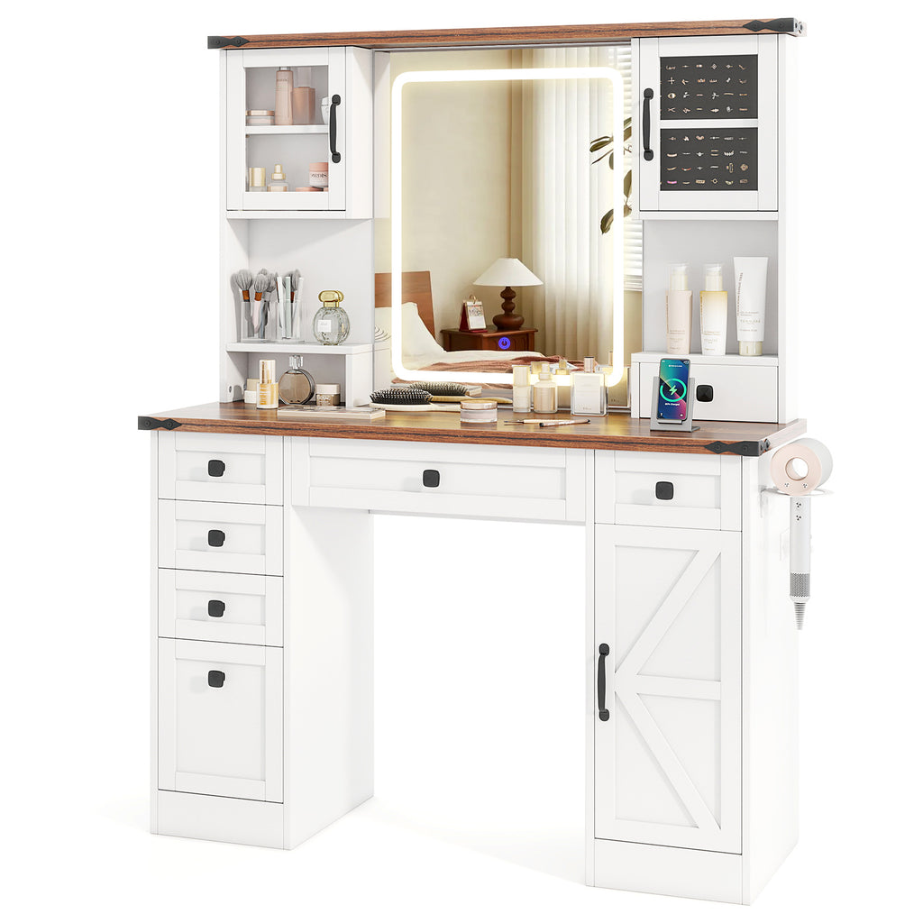 Makeup Vanity Desk with Lighted Mirror and Charging Station - White