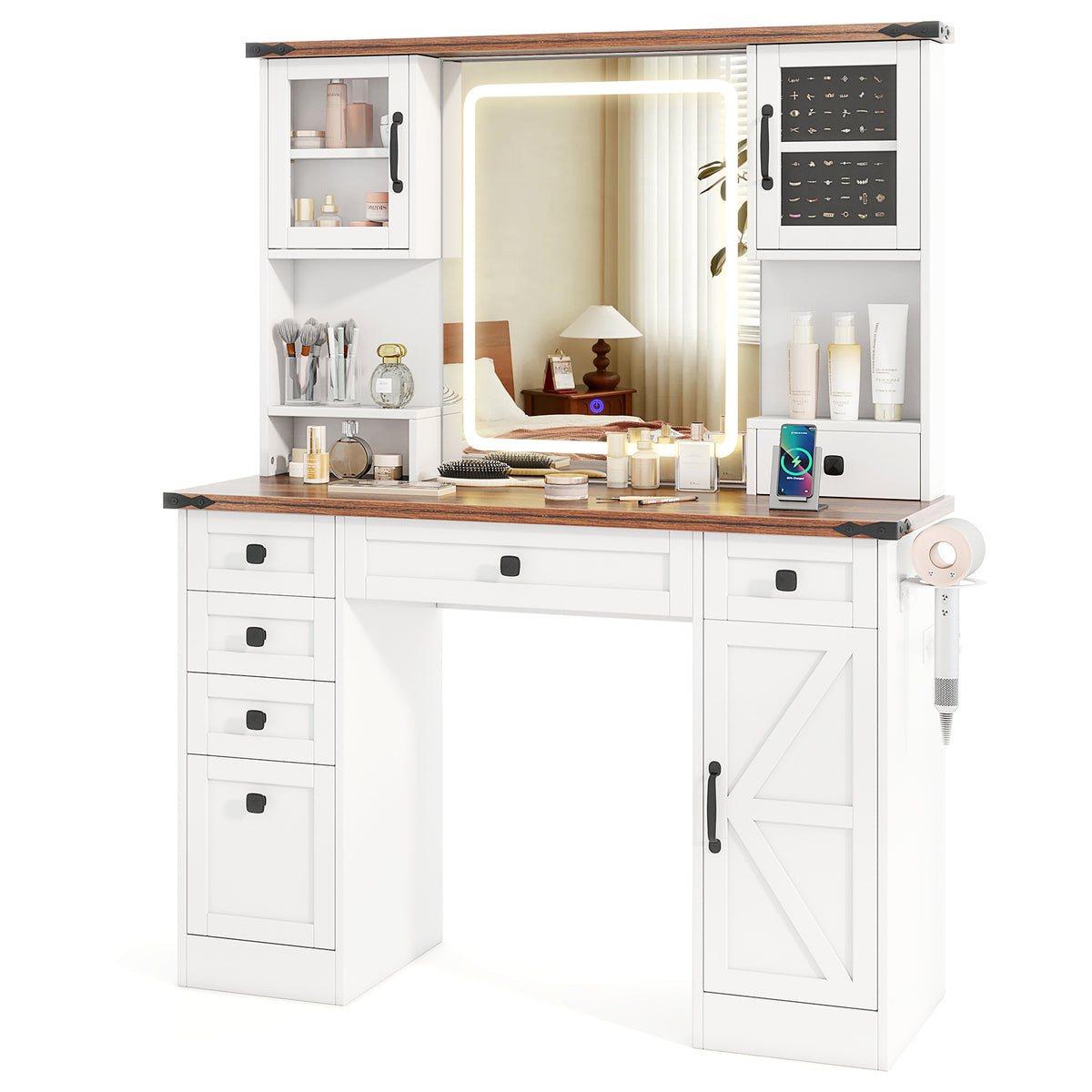 Makeup Vanity Desk with Lighted Mirror and Charging Station - White