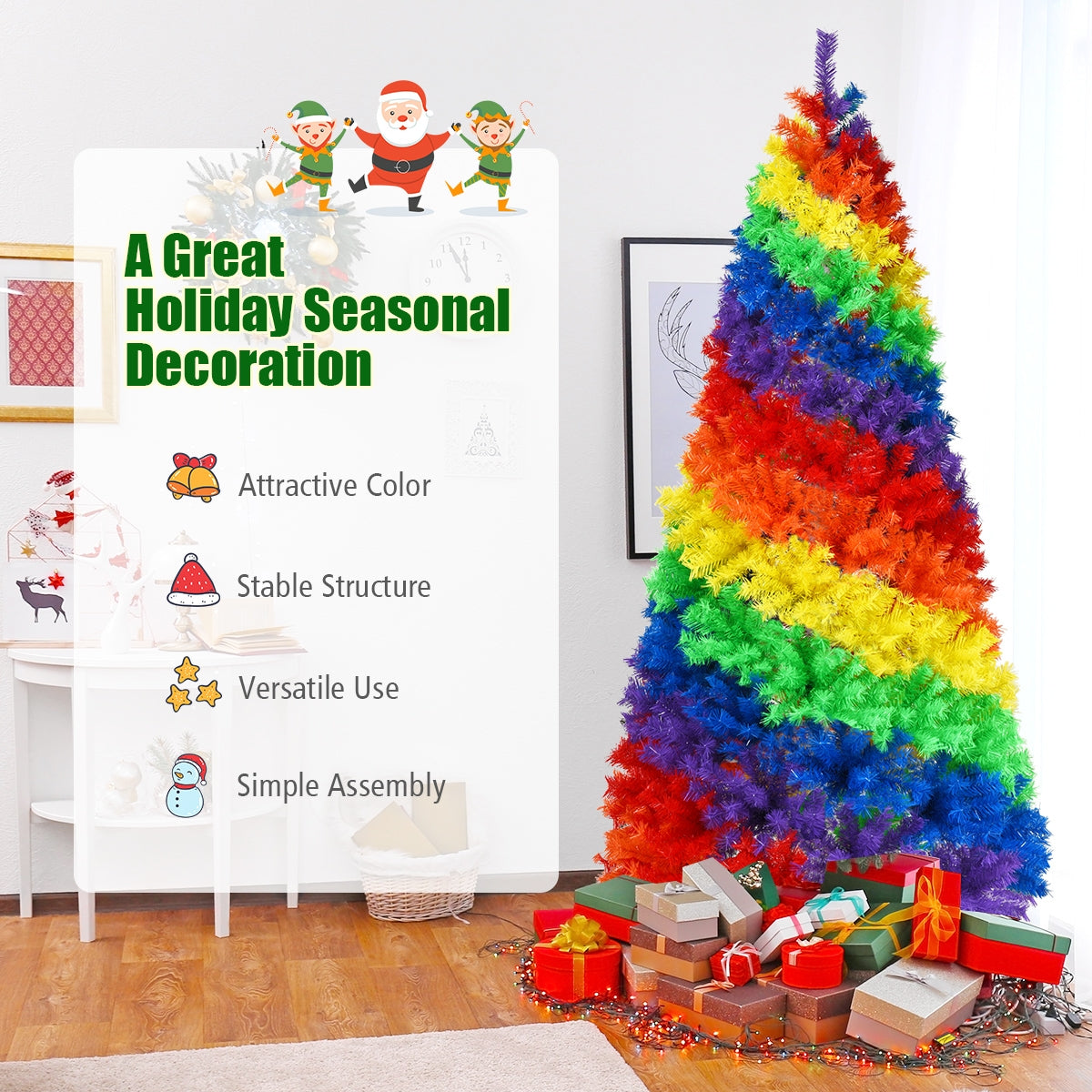 7 Feet Artificial Christmas Tree with Rainbow Tips and Metal Stand