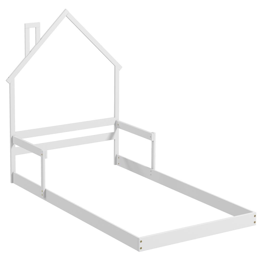 Twin Size Floor Bed with Chimney, Headboard, Handrails - Gray Variation