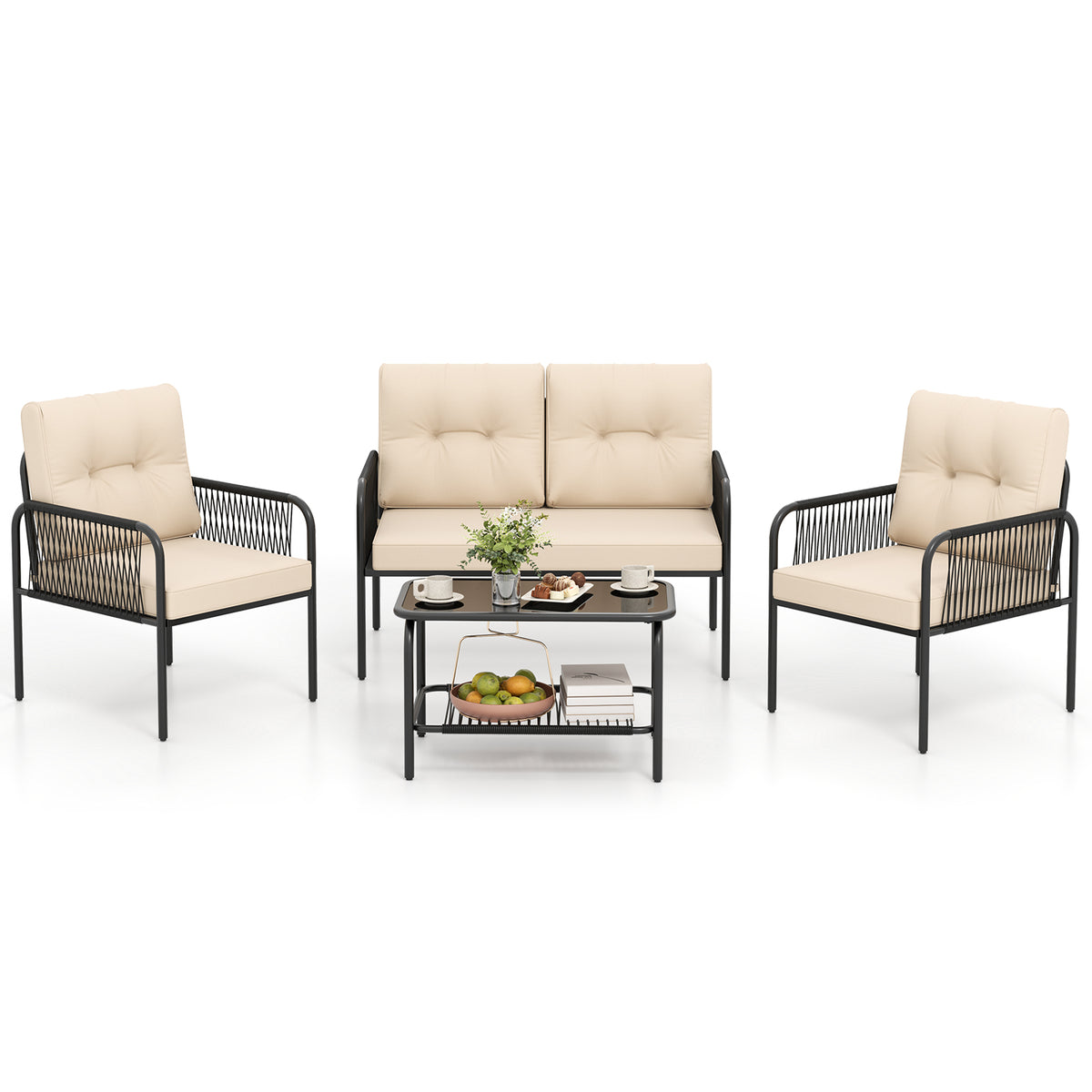 3-Piece Patio Bistro Wicker Conversation Set - Beige