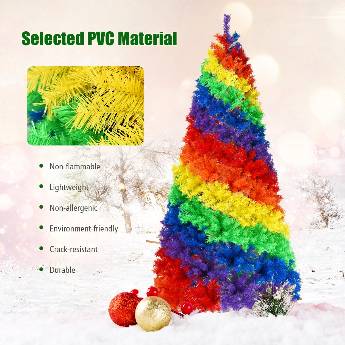 7 Feet Artificial Christmas Tree with Rainbow Tips and Metal Stand