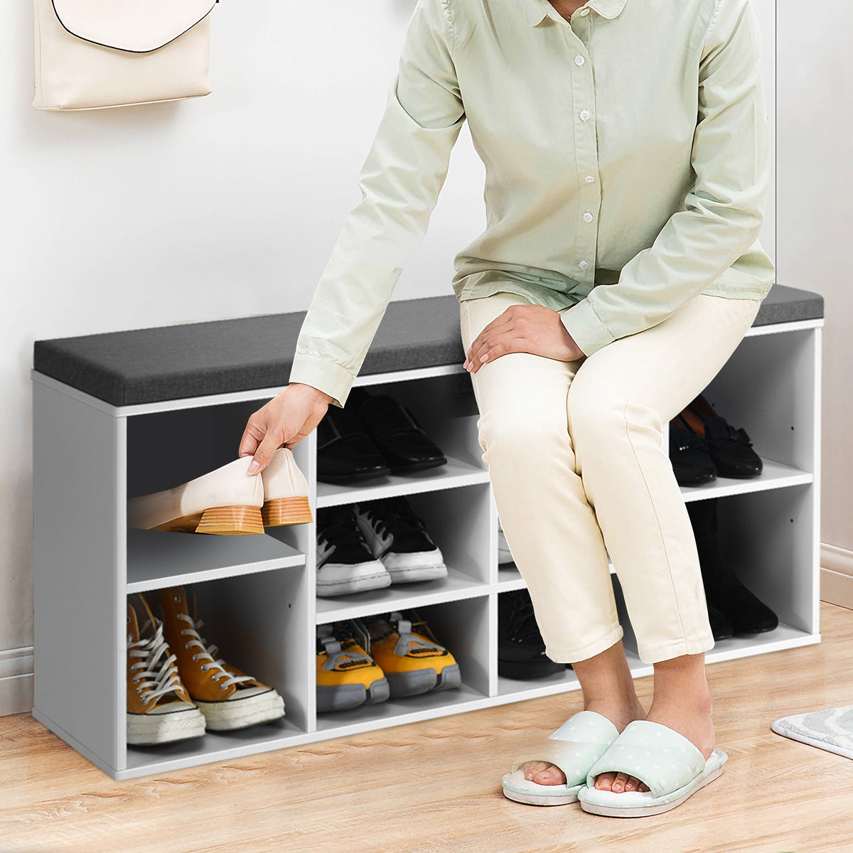 10-Cube Shoe Storage Bench with Cushion - White