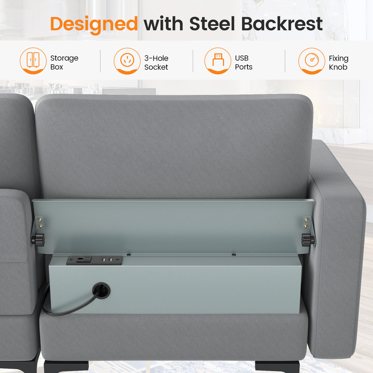 3-Seat Sofa with USB Ports and Storage - Gray