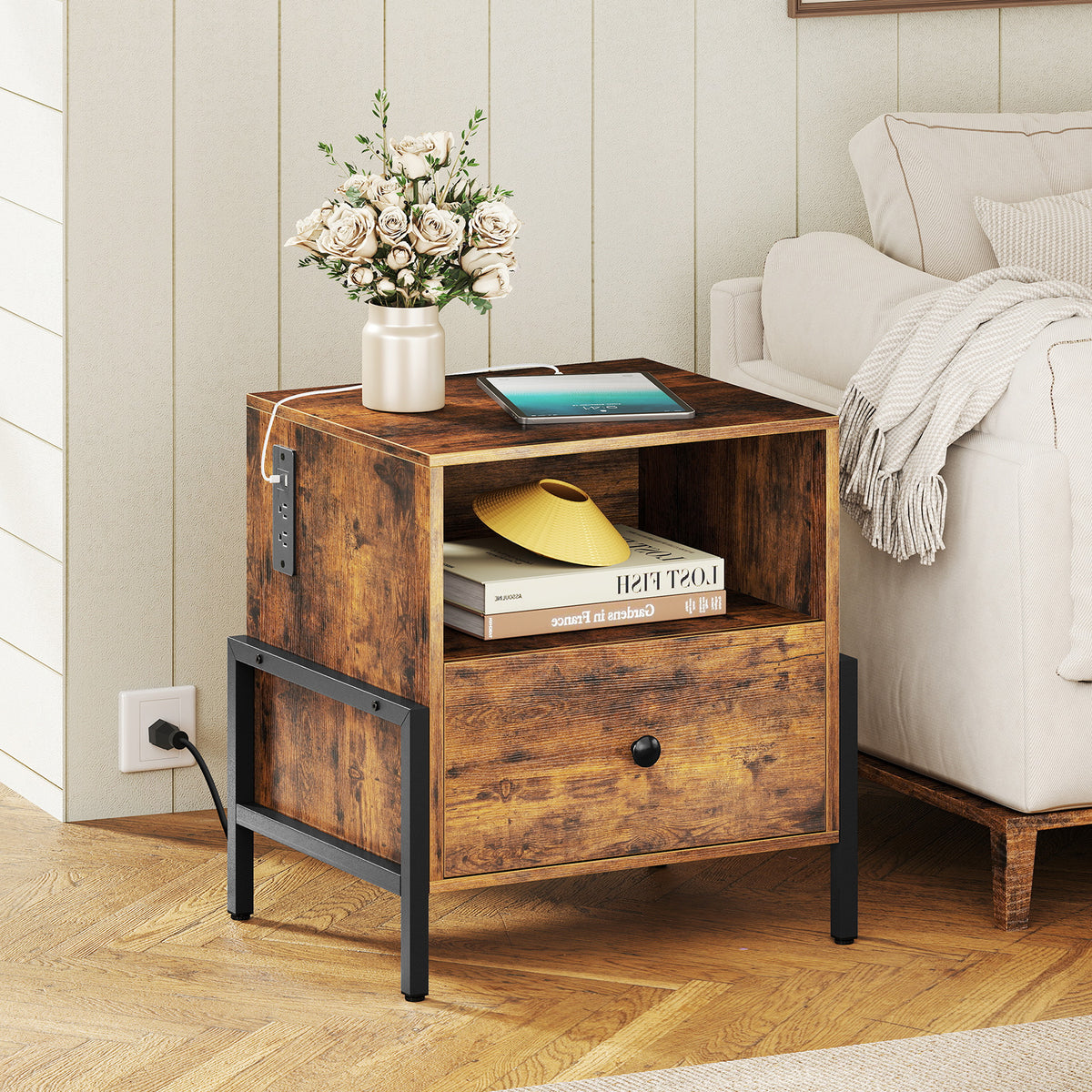 Nightstand with Charging Station and Drawer, Rustic Brown