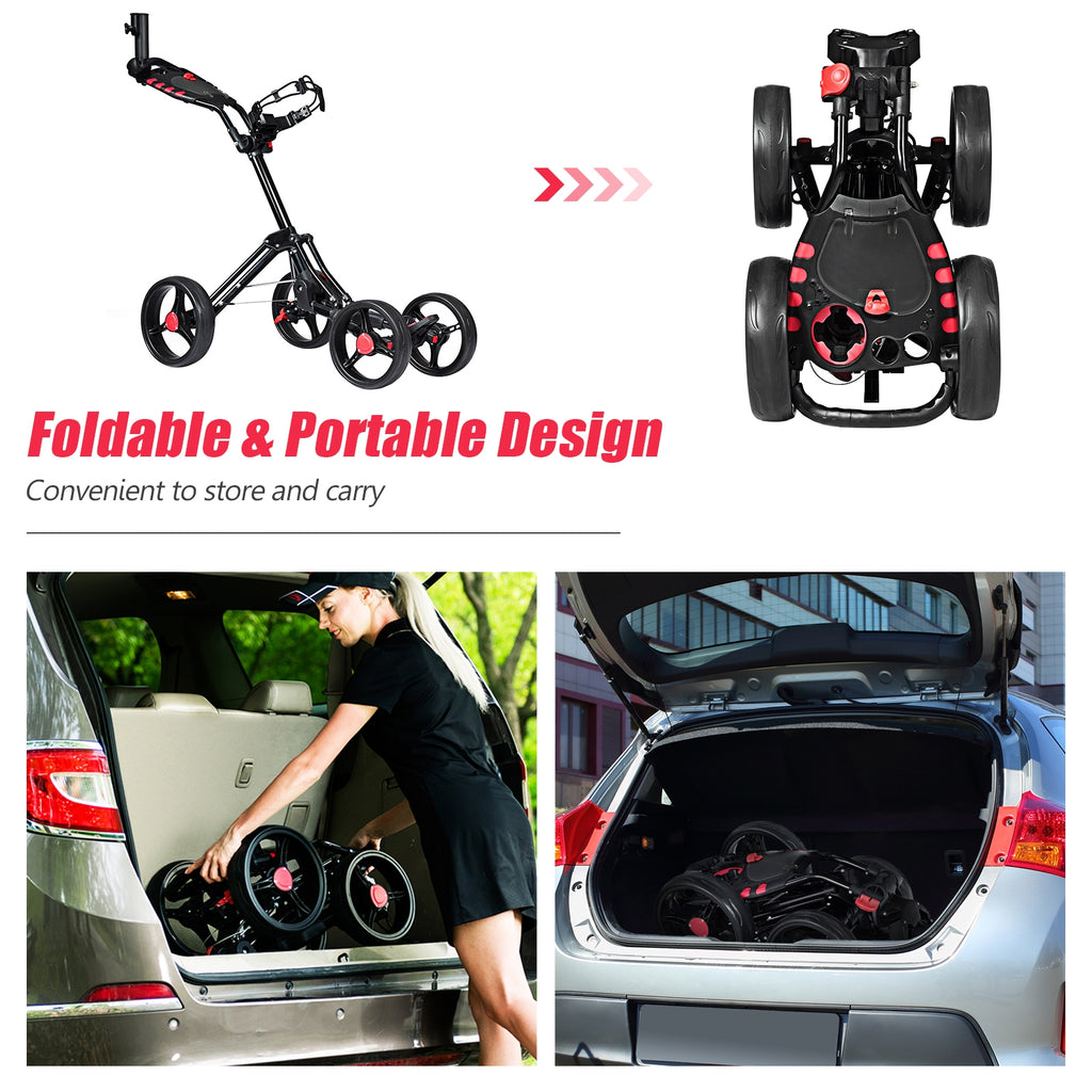 4 Wheel Folding Golf Push Cart Trolley with Adjustable Handle & Accessories