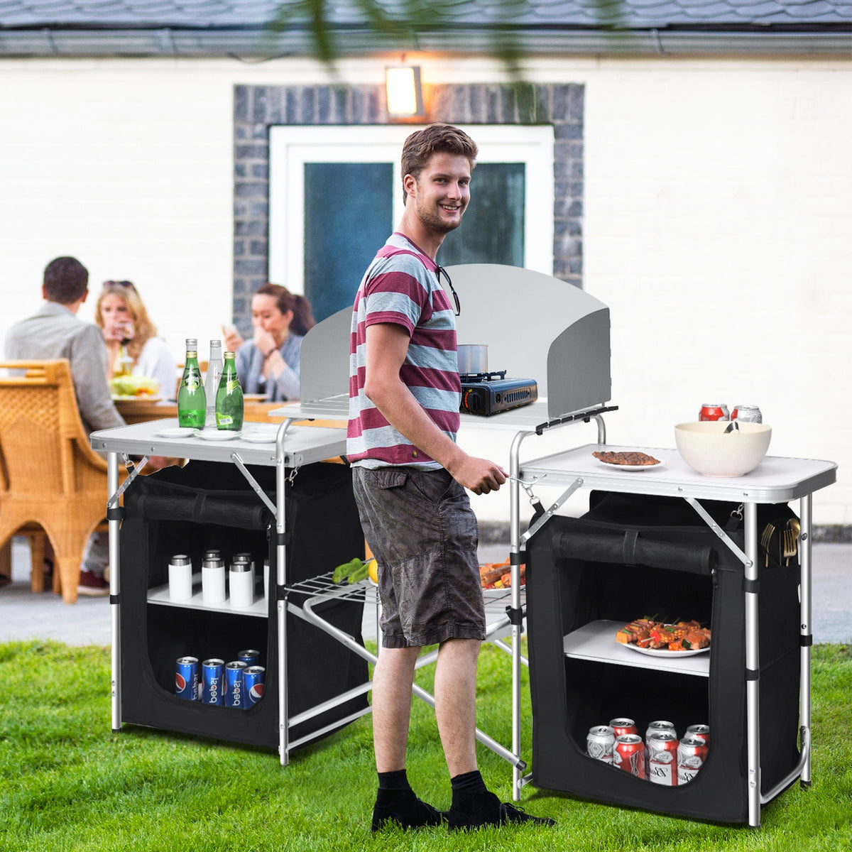 Folding Camping Table with Storage & 2 Bags, Black