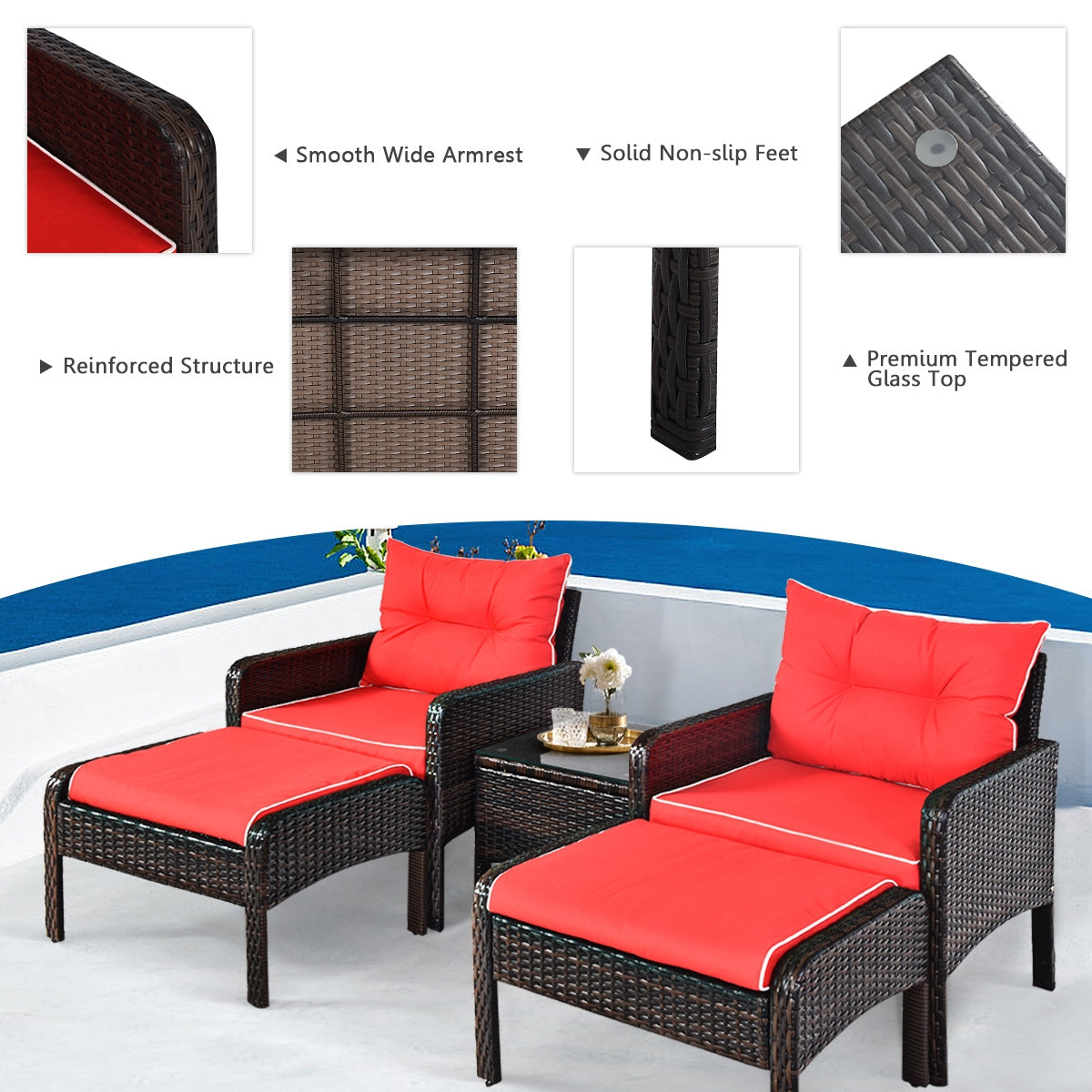 5-Piece Patio Rattan Sofa Set with Cushions - Red