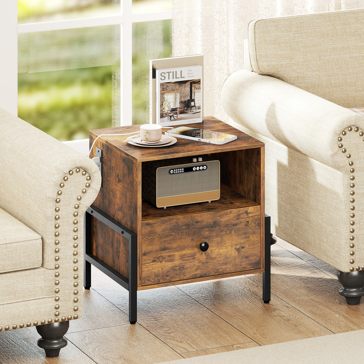 Nightstand with Charging Station and Drawer, Rustic Brown
