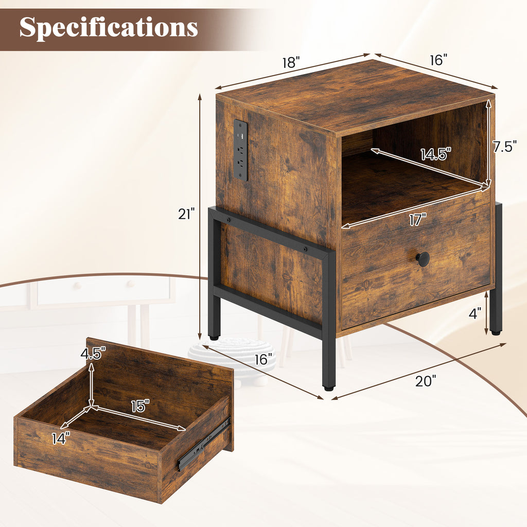 Nightstand with Charging Station and Drawer, Rustic Brown