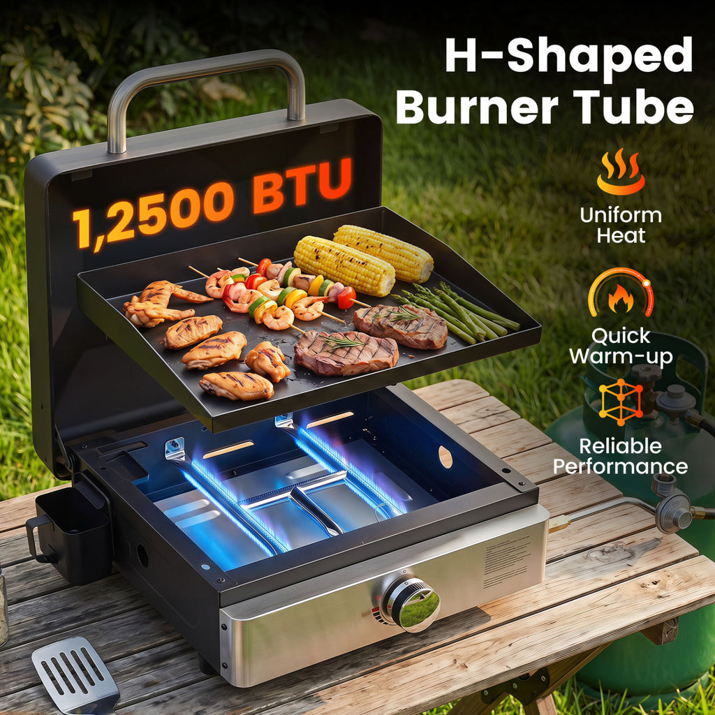 1-Burner Portable Gas Griddle with Lid Non-Stick Ceramic Plate