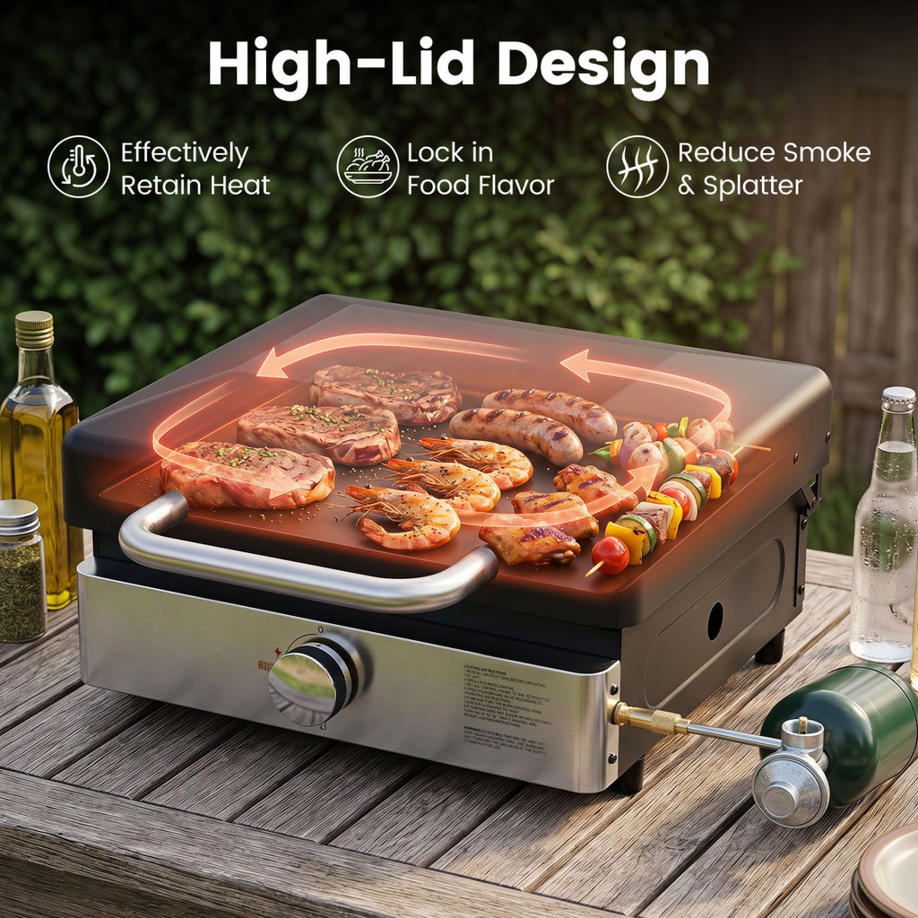 1-Burner Portable Gas Griddle with Lid Non-Stick Ceramic Plate