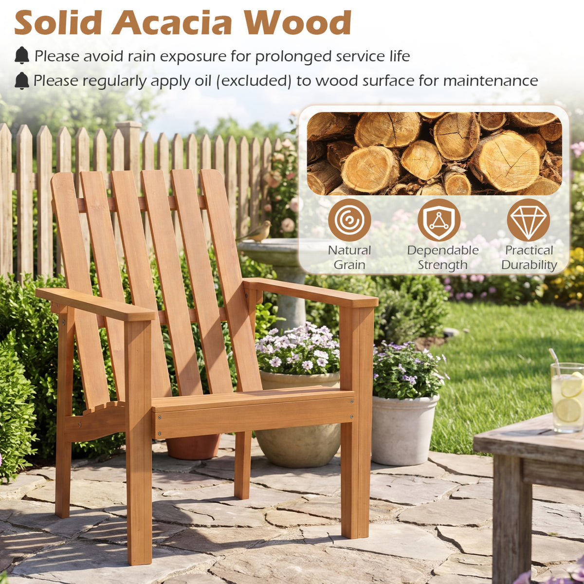 Acacia Wood Outdoor Patio Chair with Slatted Backrest and Seat