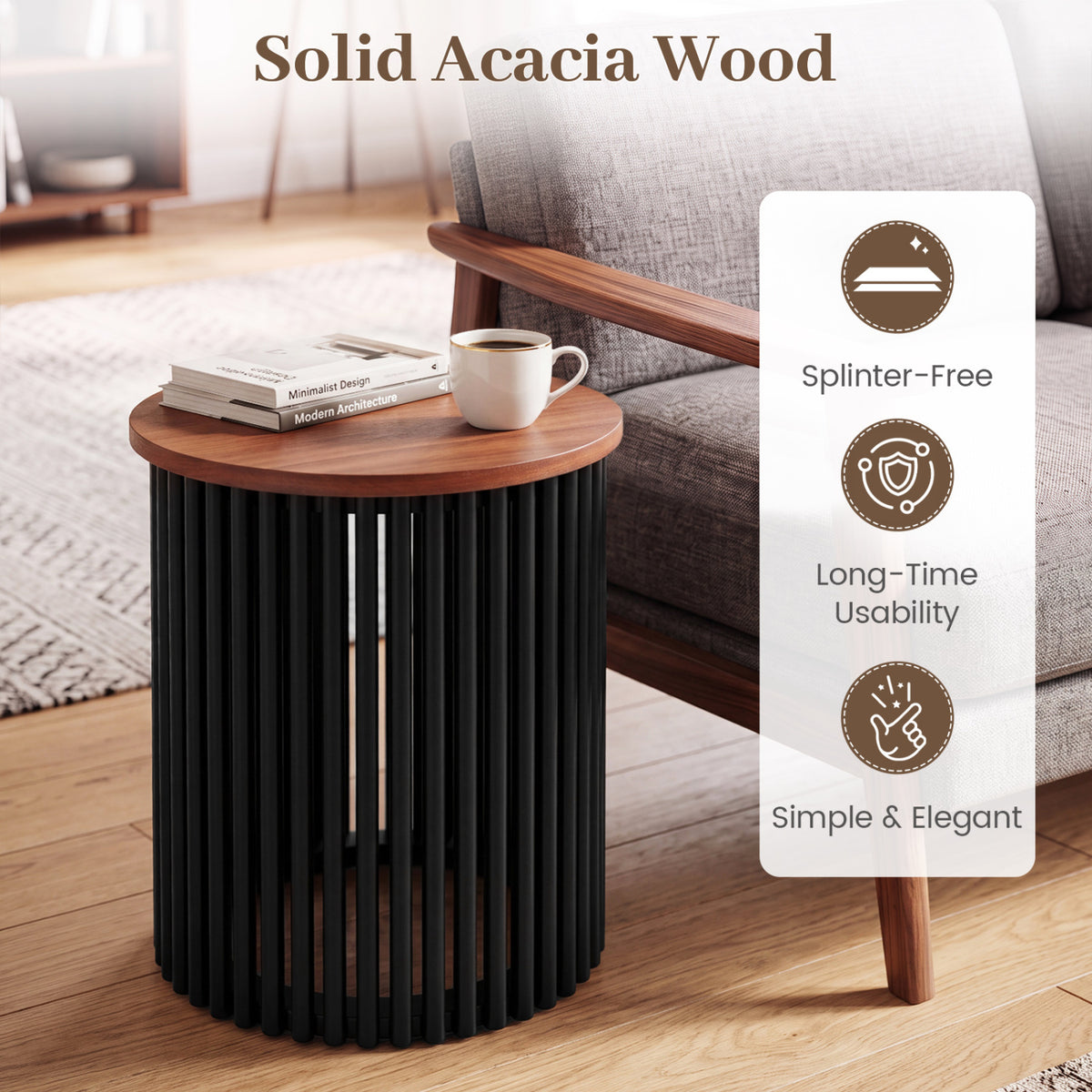 Walnut Round Coffee Table with Acacia Wood Legs - Living Room