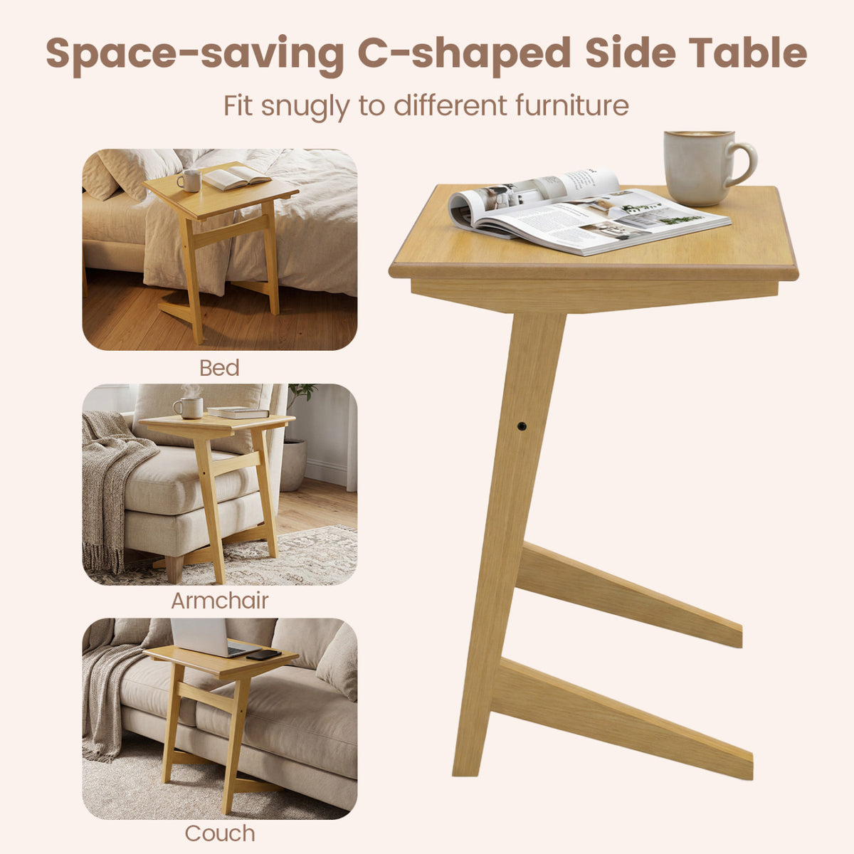 C-Shaped Wood Side Table for Sofa - 1 Piece