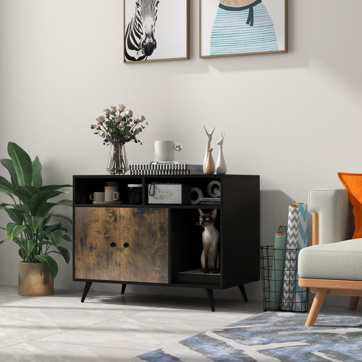 Cat Litter Box Enclosure with Storage & Scratch Pad - Modern Wooden Design