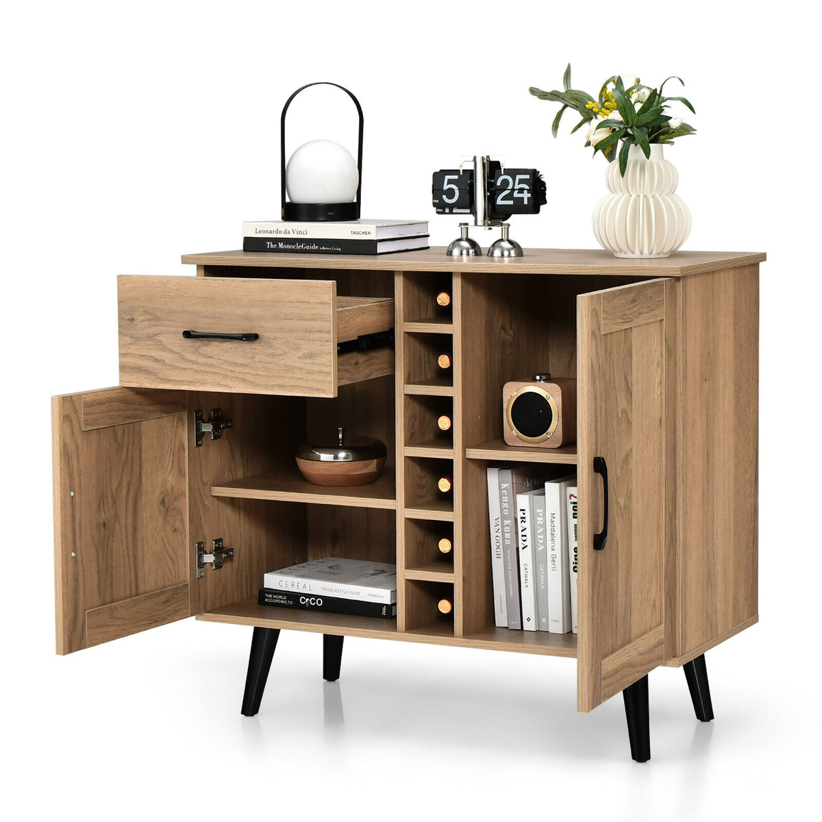 Modern Wine Bar Buffet Cabinet with 6-Bottle Rack - Natural