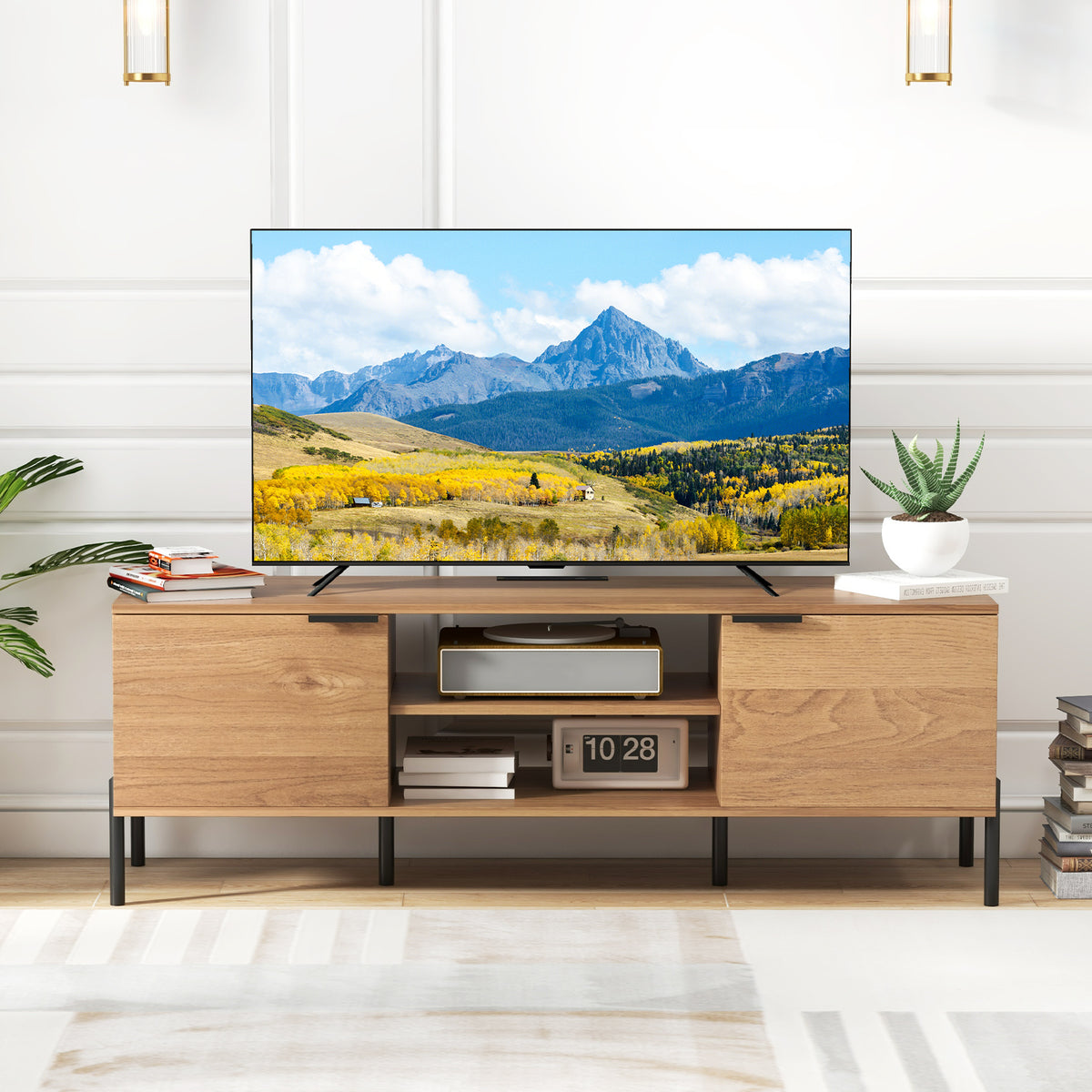 TV Stand with Charging Station and Storage – Up to 65" – Natural